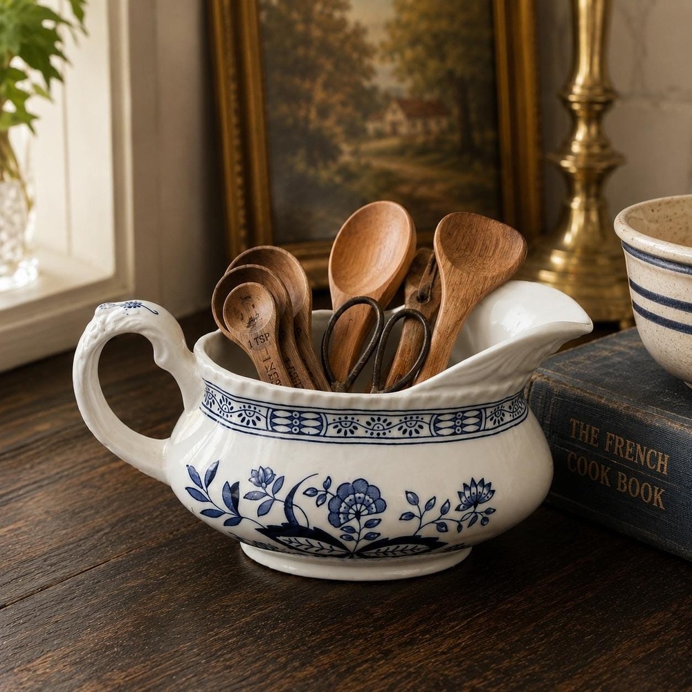 Vintage Enoch Wedgwood Blue Heritage Gravy Boat English Blue White Transferware